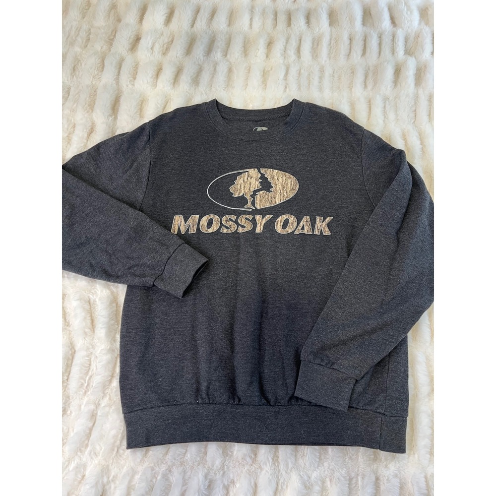 Mossy Oak Sweatshirt Mens Medium Charcoal Grey Camo Logo Crewneck Pullover